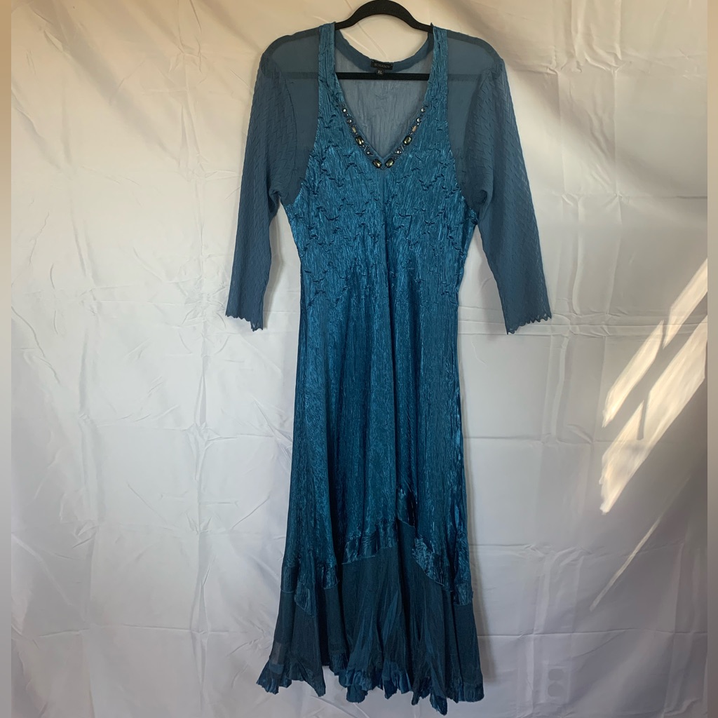 Komarov Blue Midi Beaded Neckline Sheer Sleeves Party Dress Womens Size Xl